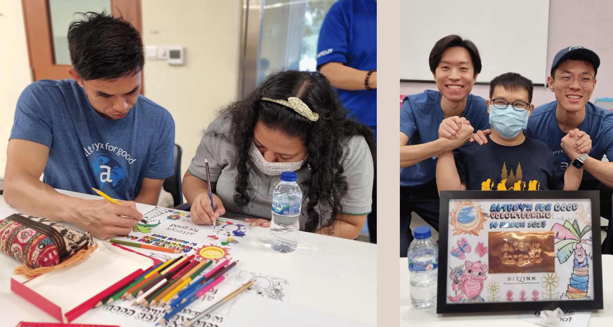 Alteryx staff doing coloring with a beneficiary and a beneficiary posing with 2 alteryx staff together with their copper tooling artwork