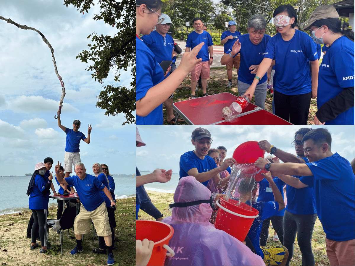 Staff posing with a stick made from recycled materials, playing a game blindfolded and pouring water from one bucket to another